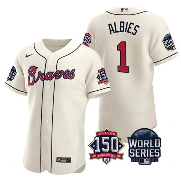 Men's Atlanta Braves #1 Ozzie Albies 2021 Cream World Series With 150th Anniversary Patch Stitched Baseball Jersey Men's Atlanta Braves #1 Ozzie Albies 2021 Cream World Series With 150th Anniversary Patch Stitched Baseball Jersey